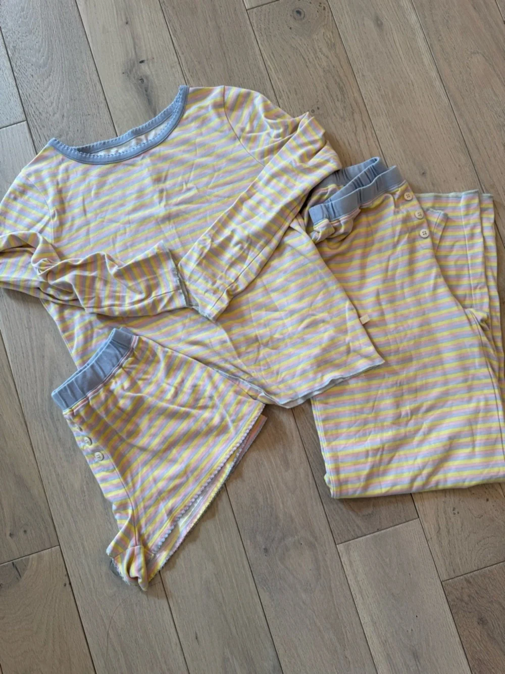 Women’s Yellow & White Striped 3-Piece Pajama Set - Long Sleeve, Pants & Shorts - Picture 9 of 9